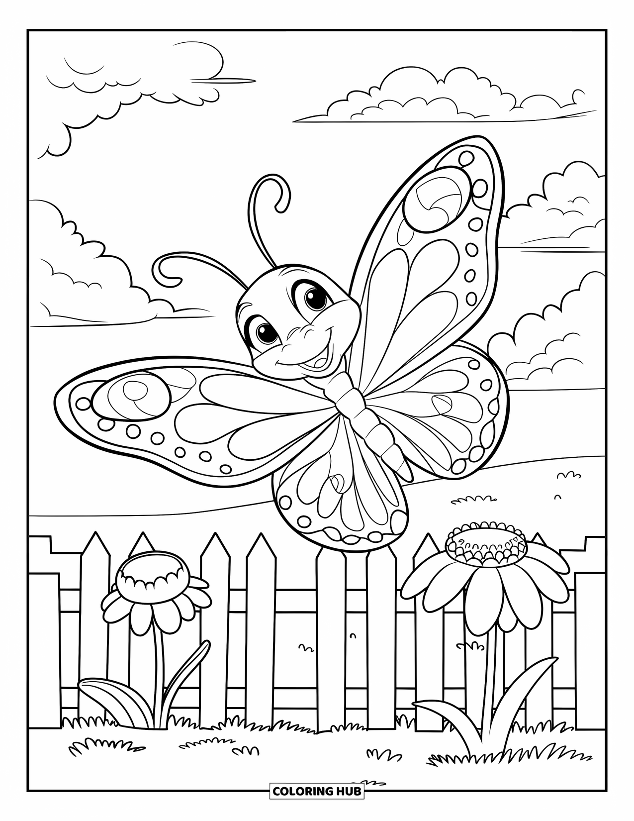 Flower Butterfly Coloring Page for Kids: A butterfly flies above a picket fence surrounded by flowers and blue skies