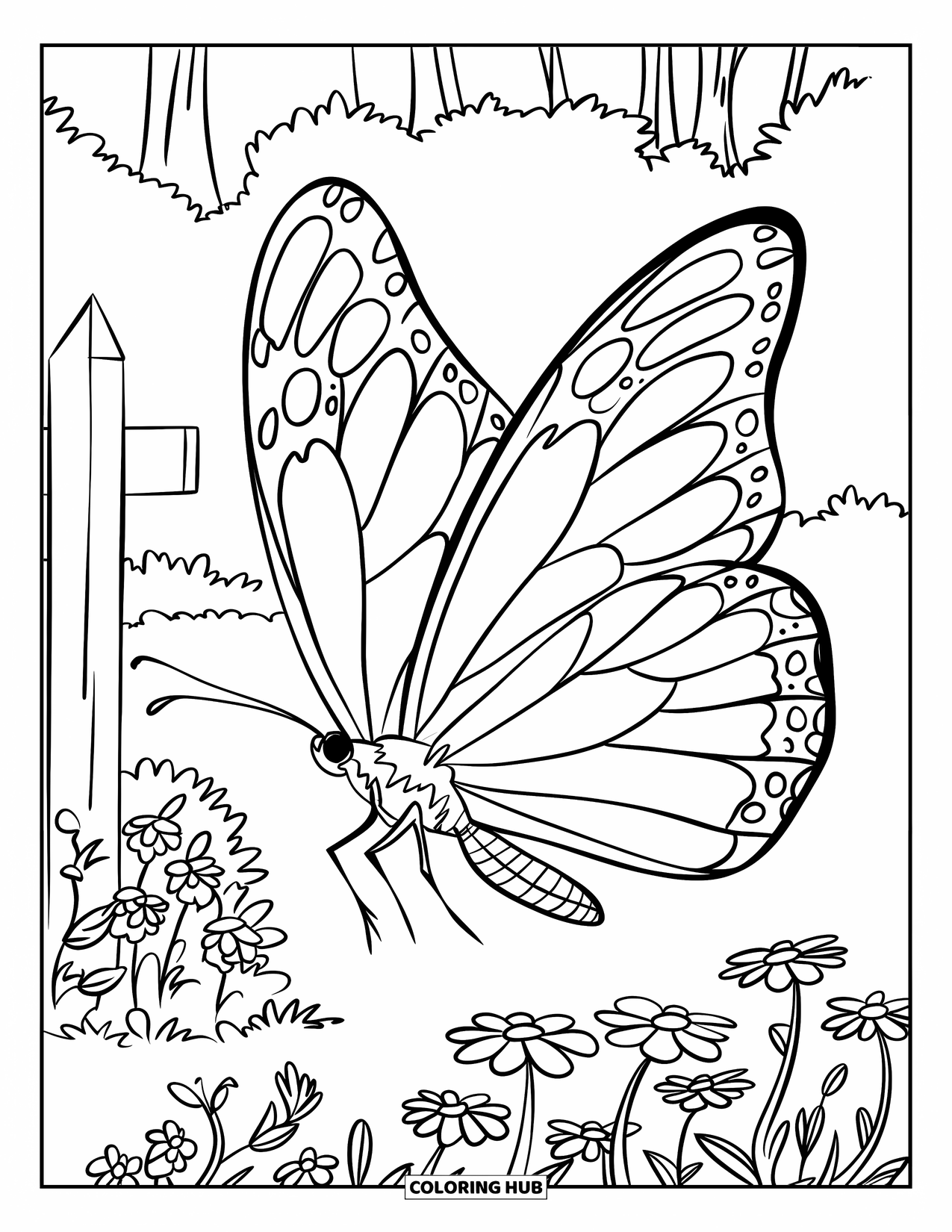 Flower Butterfly Coloring Page for Kids: A butterfly flies across a small garden full of flowers and wooden fencing