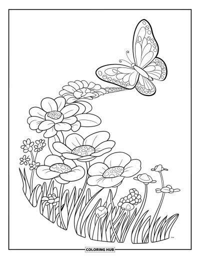 Desenho de flores e borboletas para colorir para crianÃ§as: Uma borboleta passa por flores de primavera floridas dispostas em camadas delicadas