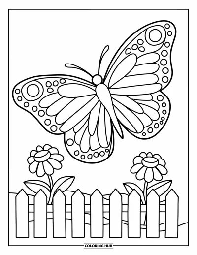Desenho de flores e borboletas para colorir para crianÃ§as: Uma borboleta flutua acima de uma cerca com duas flores floridas