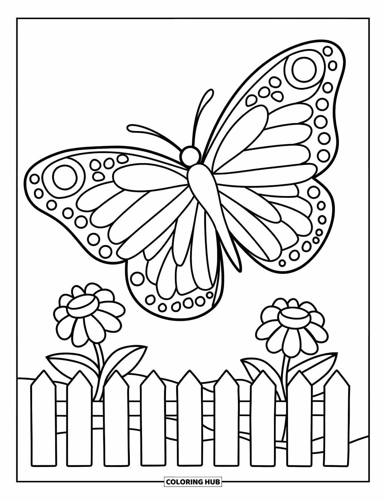 Flower Butterfly Coloring Page for Kids: A butterfly floats above a fence with two blooming flowers