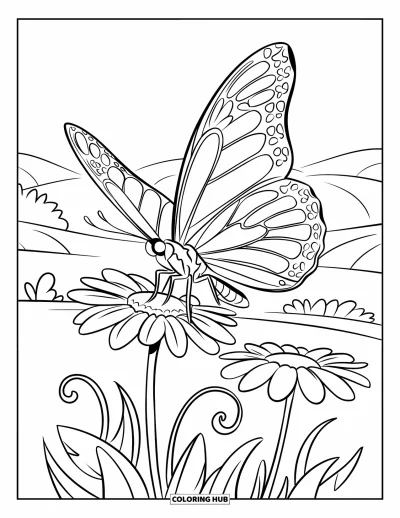 Desenho de flores e borboletas para colorir para crianÃ§as: Uma borboleta flutua acima de margaridas em um campo sereno de colinas suaves