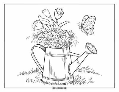 Desenho de flores e borboletas para colorir para crianÃ§as: Uma borboleta flutua ao lado de um regador transbordando de flores em um prado ensolarado