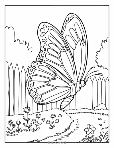 Desenho de flores e borboletas para colorir para crianÃ§as: Uma borboleta esvoaÃ§a acima de um caminho do jardim ladeado por flores e cerca de madeira
