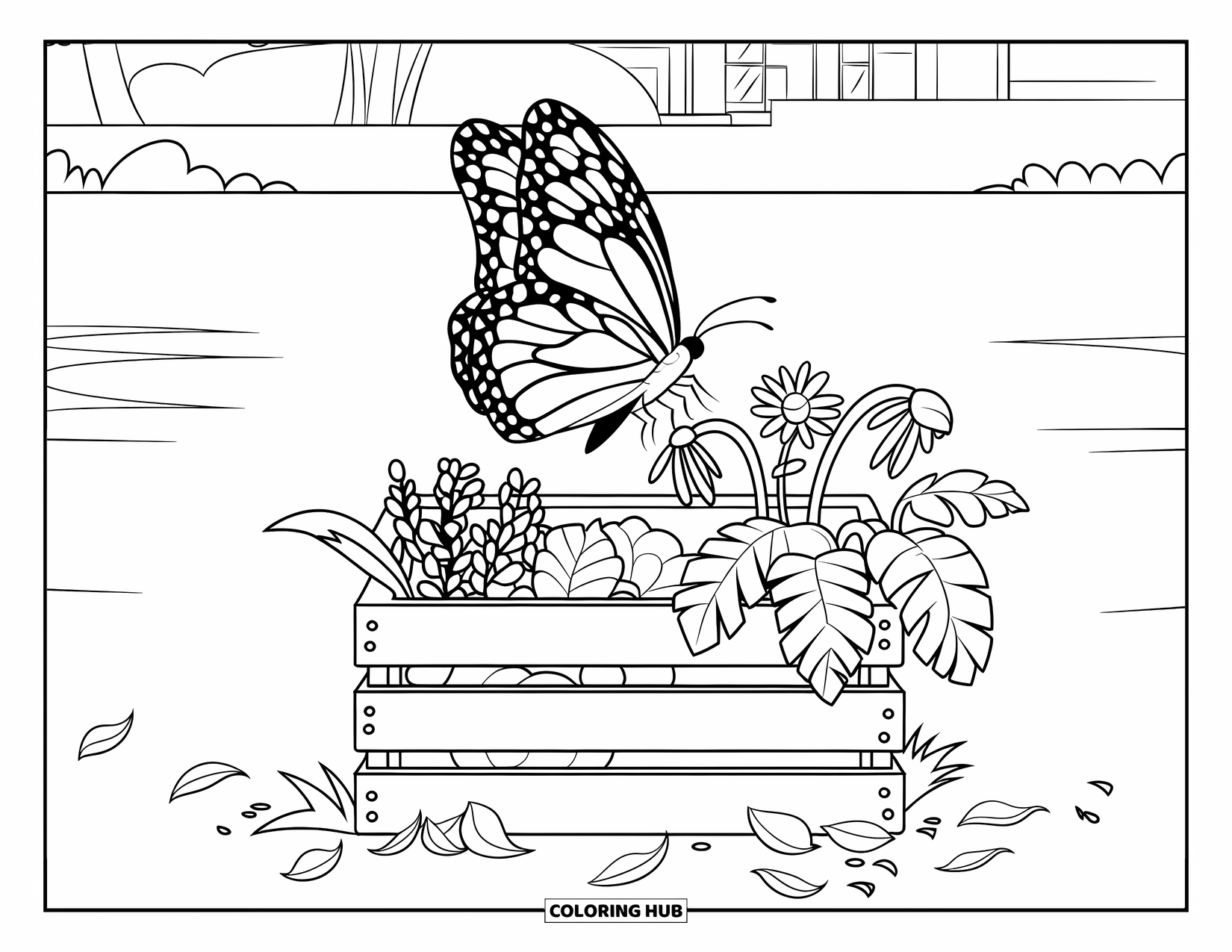 Flower Butterfly Coloring Page for Kids: A butterfly flutters near a wooden crate full of flowers in a calm garden