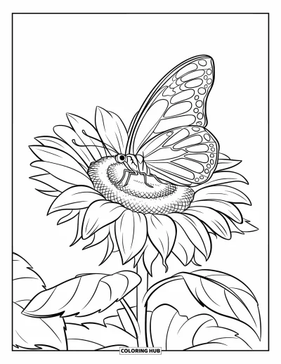 Desenho de flores e borboletas para colorir para crianÃ§as: Uma borboleta repousa suavemente em um girassol florido rodeado de folhagens