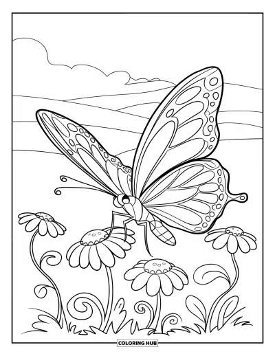 Desenho de flores e borboletas para colorir para crianÃ§as: Uma borboleta desliza acima de margaridas em um jardim tranquilo