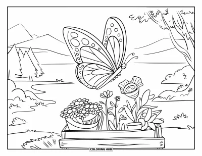 Desenho de flores e borboletas para colorir para crianÃ§as: Uma borboleta paira acima de um caixote de madeira cheio de vasos com plantas e flores