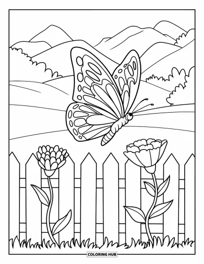 Desenho de flores e borboletas para colorir para crianÃ§as: Uma borboleta paira perto de uma cerca e flores em um campo verdejante