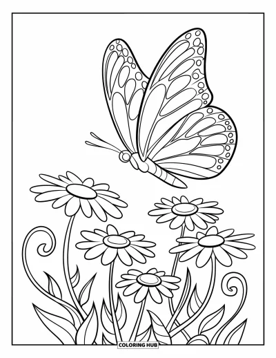 Desenho de flores e borboletas para colorir para crianÃ§as: Uma borboleta paira sobre margaridas de hastes curvas e pÃ©talas delicadas