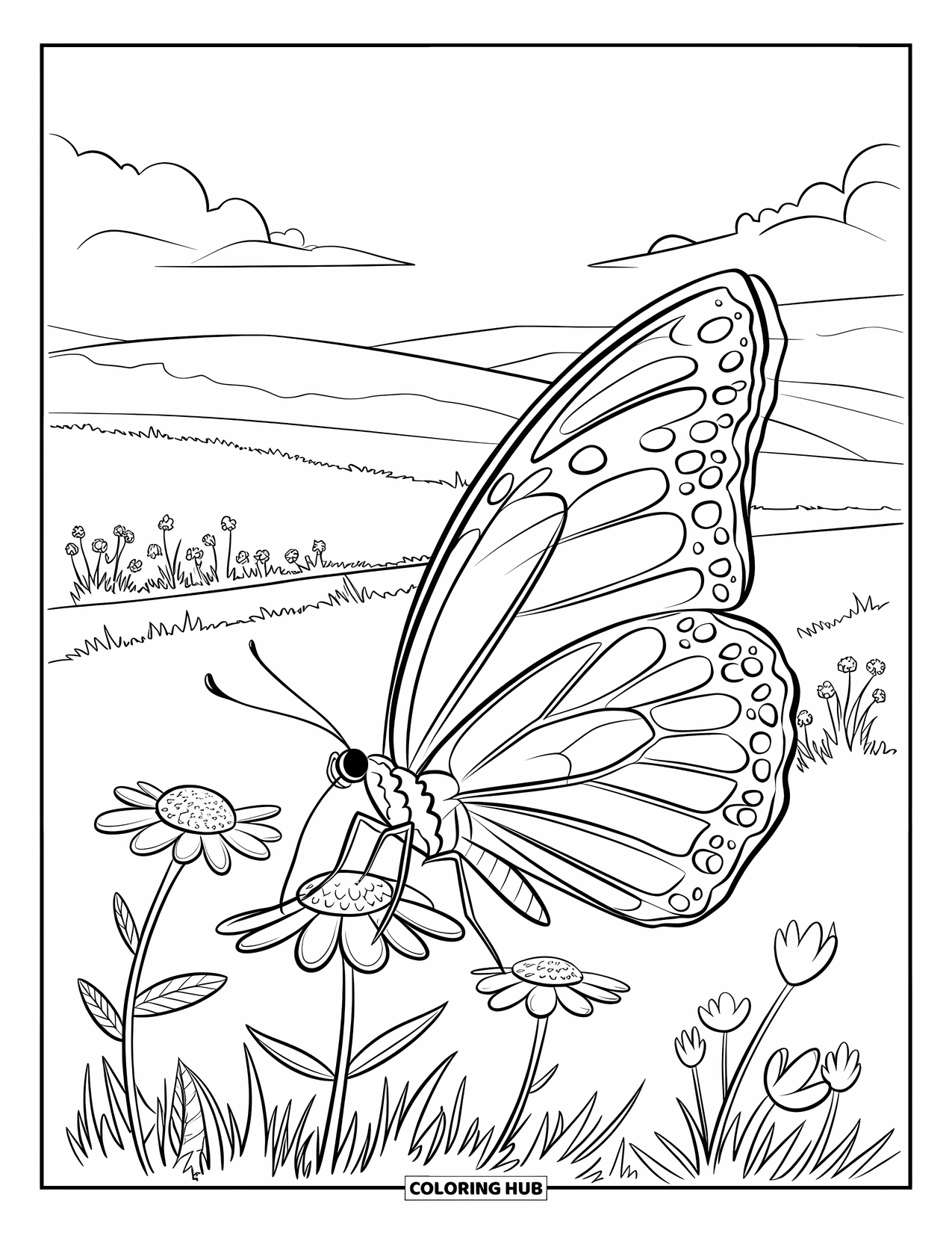 Flower Butterfly Coloring Page for Kids: A butterfly lands on wildflowers in a quiet field with low rolling hills