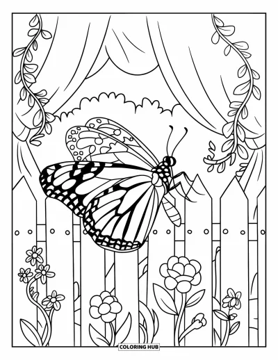 Desenho de flores e borboletas para colorir para crianÃ§as: Uma borboleta pousa em uma cerca do jardim coberta por flores trepadeiras