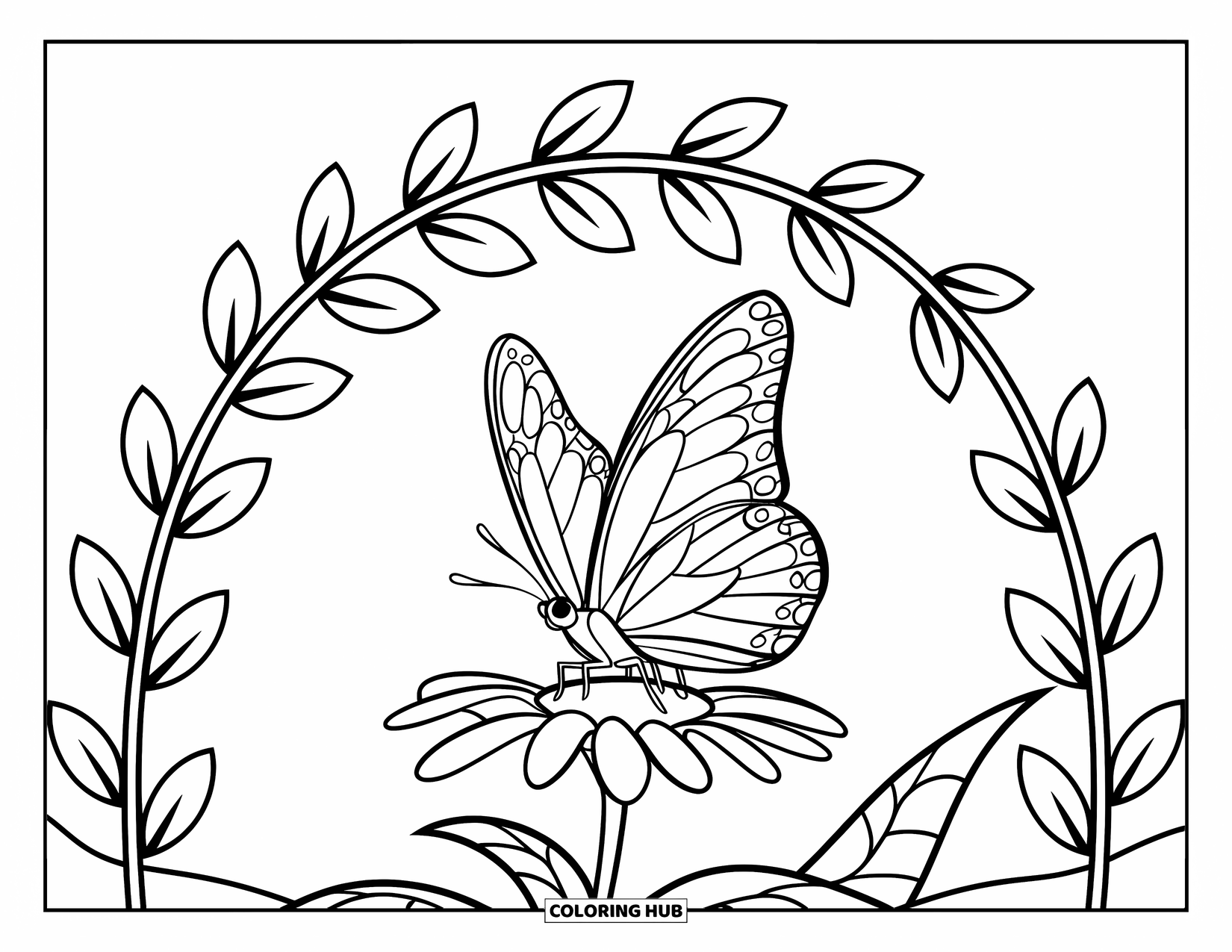 Flower Butterfly Coloring Page for Kids: A butterfly perches on a striped flower under a curved leafy arch