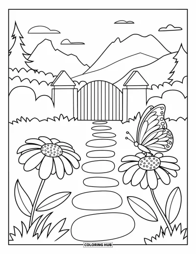 Desenho de flores e borboletas para colorir para crianÃ§as: Uma borboleta pousa em flores ao lado de uma trilha de pedras que leva a um portÃ£o