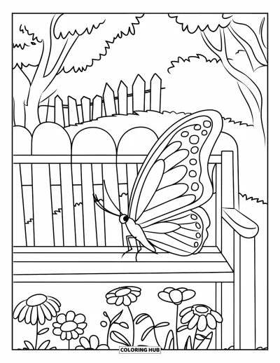 Desenho de flores e borboletas para colorir para crianÃ§as: Uma borboleta descansa entre flores em um banco aconchegante cercado por Ã¡rvores e uma cerca