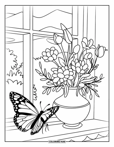 Desenho de flores e borboletas para colorir para crianÃ§as: Uma borboleta repousa ao lado de um vaso de flores em um parapeito com vista para as montanhas