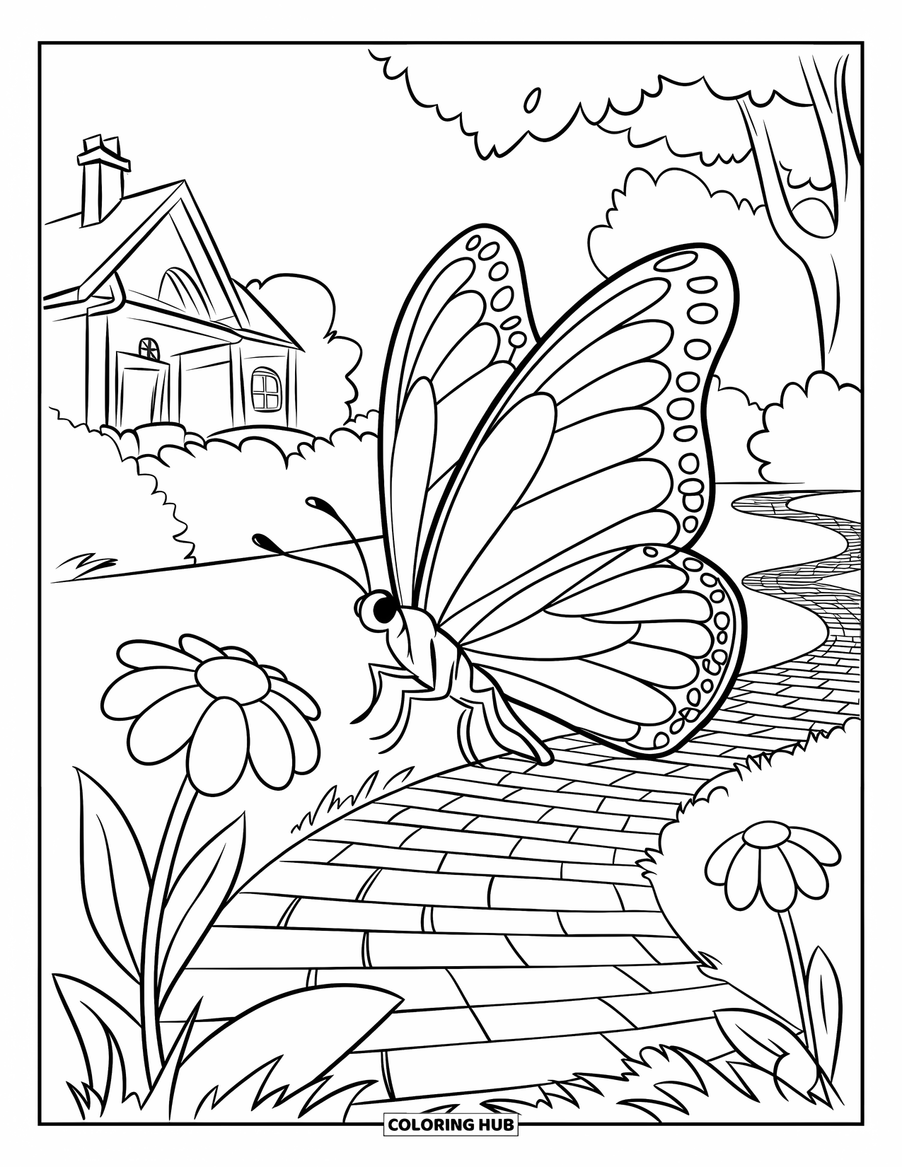 Flower Butterfly Coloring Page for Kids: A butterfly rests near a curving garden path with two blooming flowers