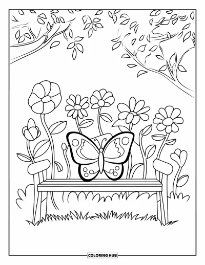 Desenho de flores e borboletas para colorir para crianÃ§as: Uma borboleta repousa em um banco cheio de flores em um jardim gramado