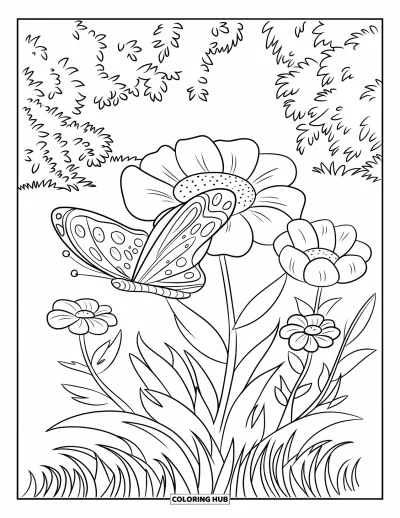 Desenho de flores e borboletas para colorir para crianÃ§as: Uma borboleta repousa em uma flor grande rodeada por flores do jardim