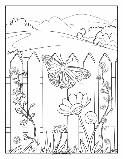 Desenho de flores e borboletas para colorir para crianÃ§as: Uma borboleta repousa em uma cerca florida em um jardim ventoso nas colinas