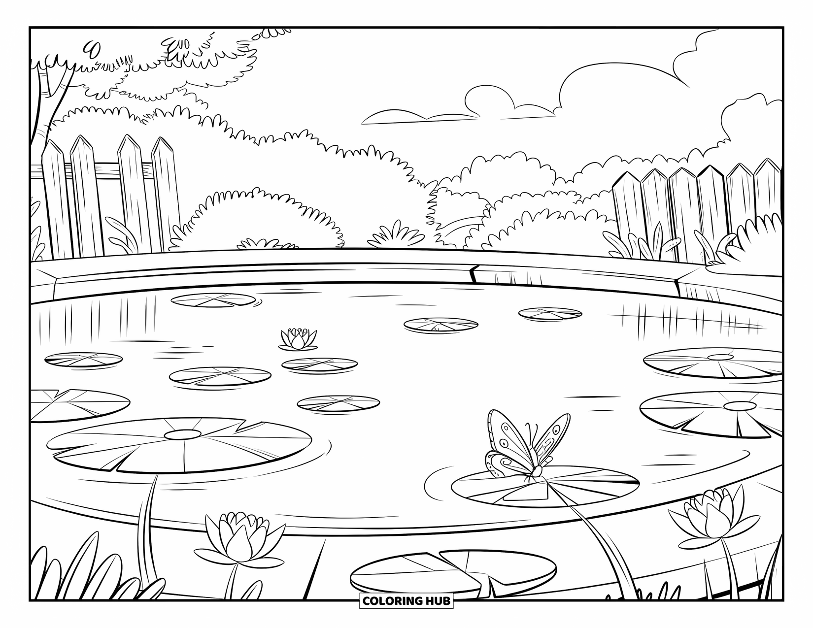 Flower Butterfly Coloring Page for Kids: A butterfly rests on a lily pad in a peaceful pond near a rustic wooden fence