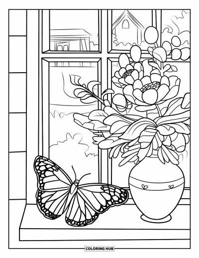 Desenho de flores e borboletas para colorir para crianÃ§as: Uma borboleta repousa no parapeito de uma janela ao lado de um vaso com flores encantadoras