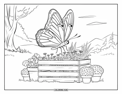Desenho de flores e borboletas para colorir para crianÃ§as: Uma borboleta repousa em um caixote de madeira cercado por vasos de plantas e flores
