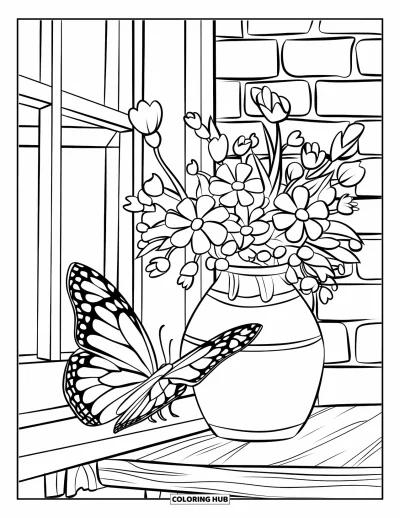 Desenho de flores e borboletas para colorir para crianÃ§as: Uma borboleta senta ao lado de um vaso de flores em um parapeito de janela rÃºstico