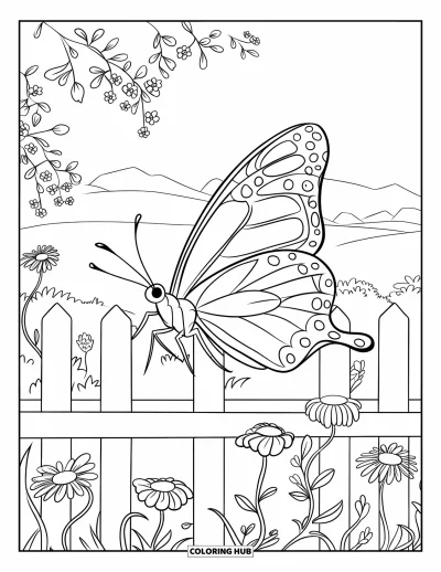 Desenho de flores e borboletas para colorir para crianÃ§as: Uma borboleta senta em uma cerca do jardim com montanhas ao fundo
