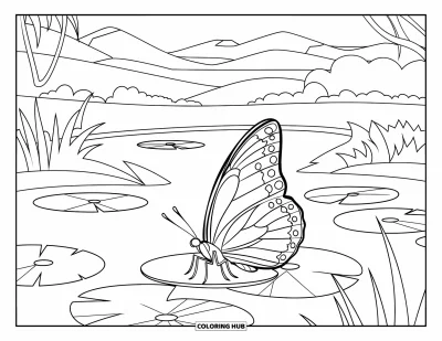Desenho de flores e borboletas para colorir para crianÃ§as: Uma borboleta senta em uma folha de nenÃºfar em um lago tranquilo cercado por Ã¡rvores e montanhas