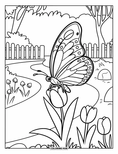 Desenho de flores e borboletas para colorir para crianÃ§as: Uma borboleta senta em uma tulipa perto de um caminho do jardim e folhagens verdes