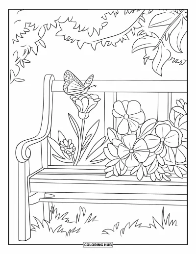 Desenho de flores e borboletas para colorir para crianÃ§as: Uma borboleta senta em flores organizadas em um banco de jardim charmoso