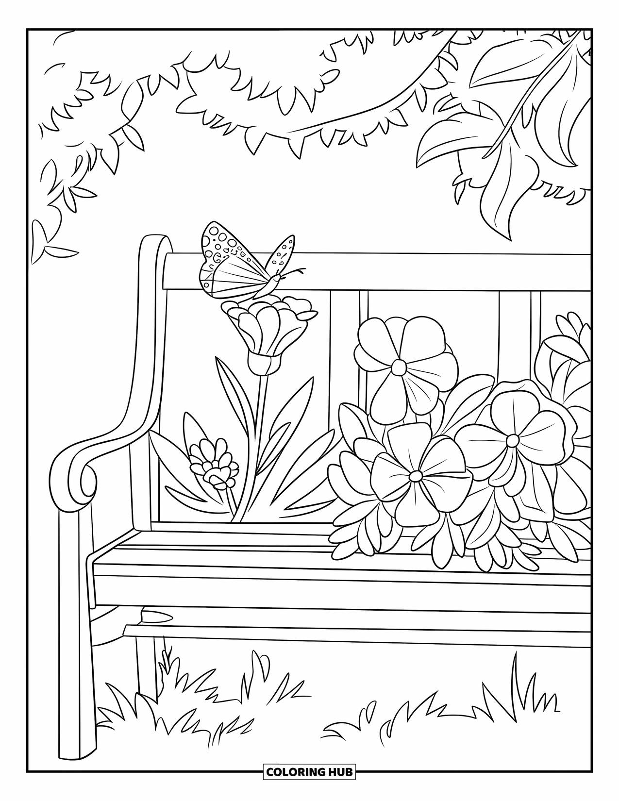 Flower Butterfly Coloring Page for Kids: A butterfly sits on flowers arranged neatly on a cozy garden bench