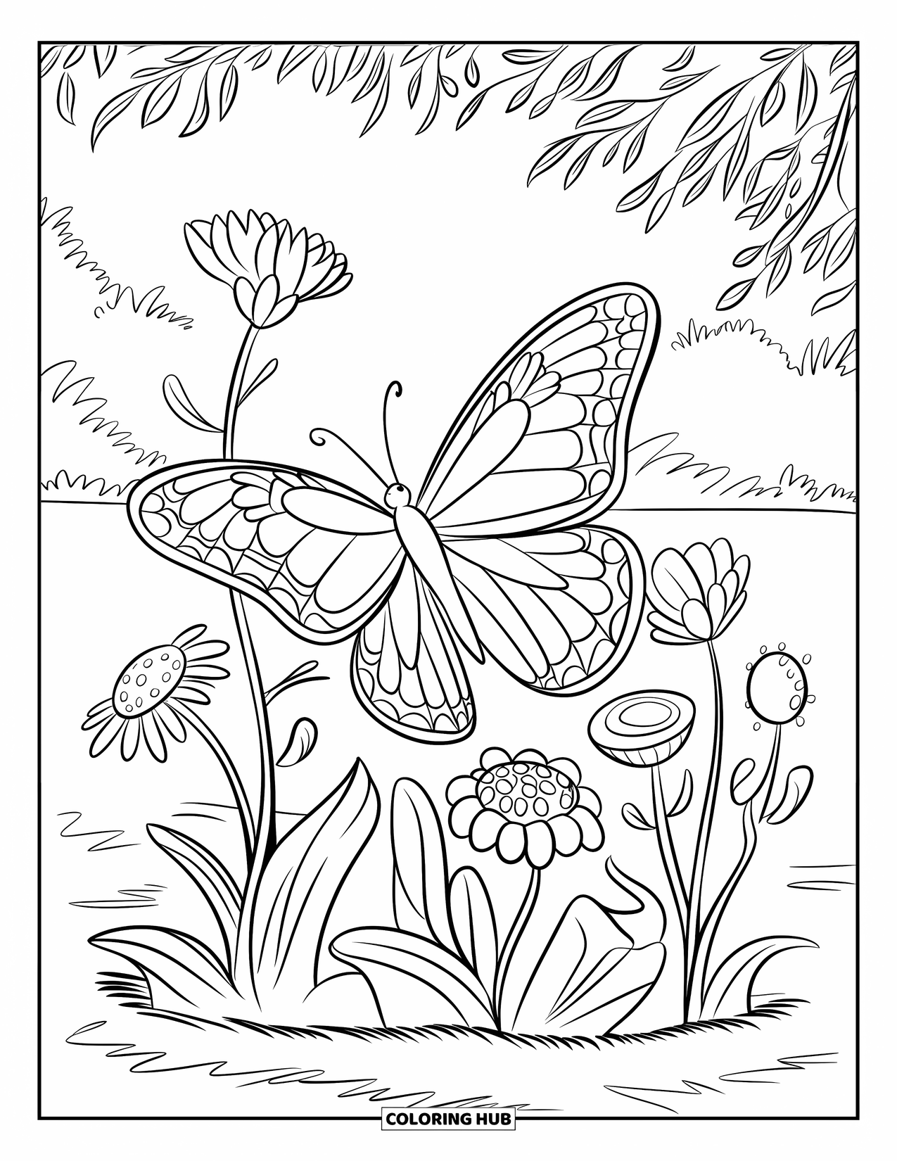 Flower Butterfly Coloring Page for Kids: A butterfly spreads its wings beside blooming flowers in a peaceful garden