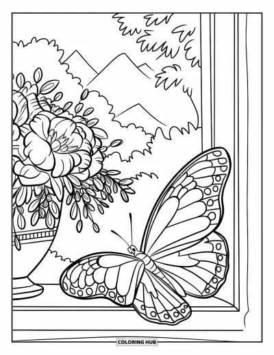 Desenho de flores e borboletas para colorir para crianÃ§as: Uma borboleta abre as asas perto de flores em um parapeito ensolarado