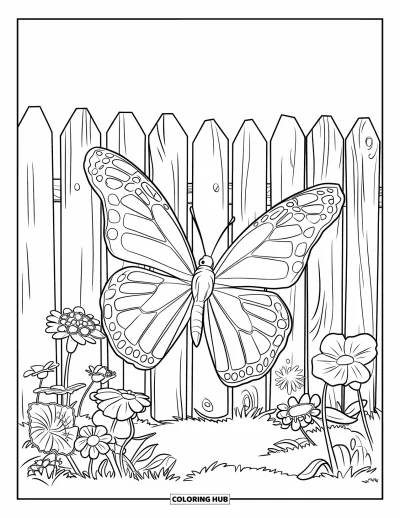 Desenho de flores e borboletas para colorir para crianÃ§as: Uma borboleta abre as asas sobre um jardim florido e uma cerca de madeira envelhecida