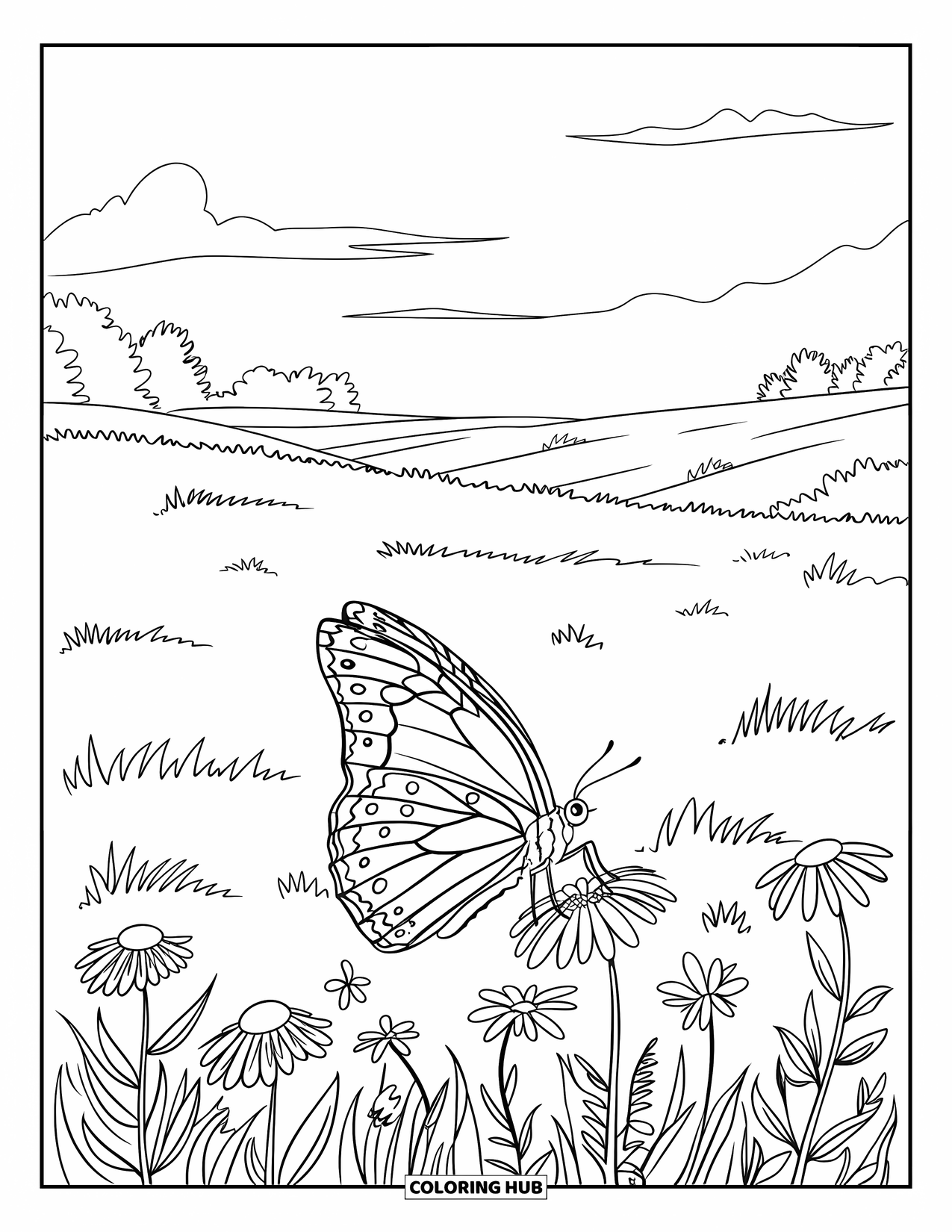Flower Butterfly Coloring Page for Kids: A butterfly touches down on blooming wildflowers in a peaceful field with hills
