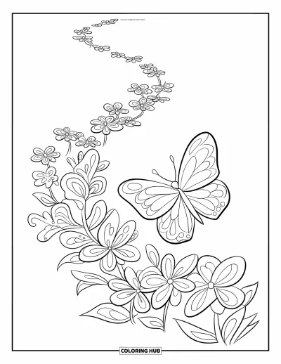 Desenho de flores e borboletas para colorir para crianÃ§as: Uma borboleta percorre camadas de flores de primavera em um canteiro colorido e alegre