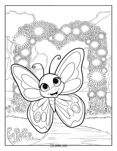 Desenho de flores e borboletas para colorir para crianÃ§as: Uma borboleta de olhos grandes bate asas perto de um arco de flores com um coraÃ§Ã£o no topo