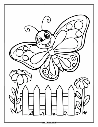 Desenho de flores e borboletas para colorir para crianÃ§as: Uma borboleta de olhos grandes sorri acima de uma cerca e flores