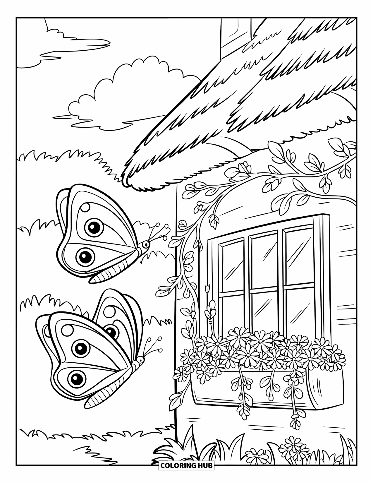 Flower Butterfly Coloring Page for Kids: Two butterflies float near a cozy cottage covered in vines and blooming flowers
