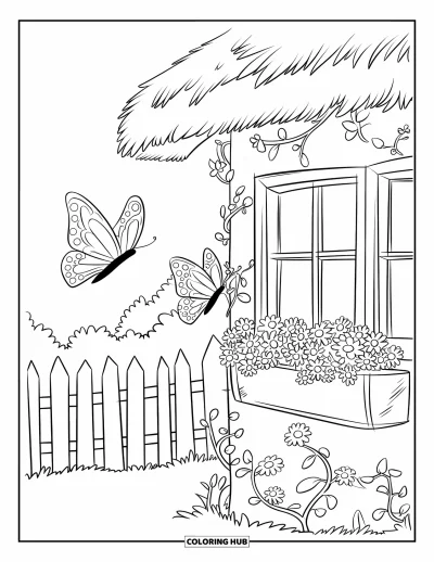 Desenho de flores e borboletas para colorir para crianÃ§as: Duas borboletas esvoaÃ§am perto de uma jardineira numa casinha charmosa com cerca