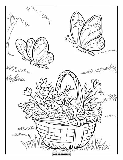 Desenho de flores e borboletas para colorir para crianÃ§as: Duas borboletas esvoaÃ§am perto de uma cesta cheia de flores em um campo verde