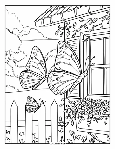 Desenho de flores e borboletas para colorir para crianÃ§as: Duas borboletas voam perto de uma janela de casinha com flores e uma cerca branca