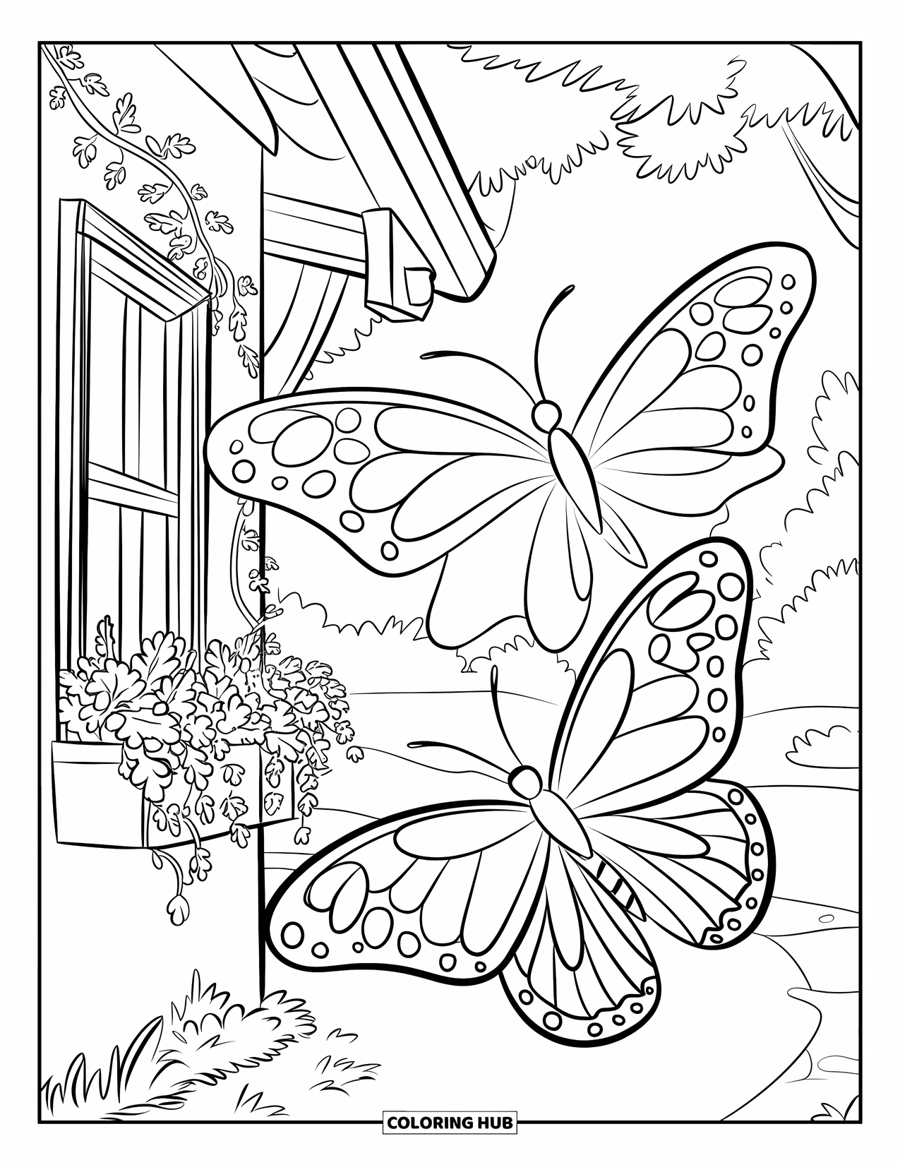 Flower Butterfly Coloring Page for Kids: Two butterflies glide near a cottage window covered in vines and flowers