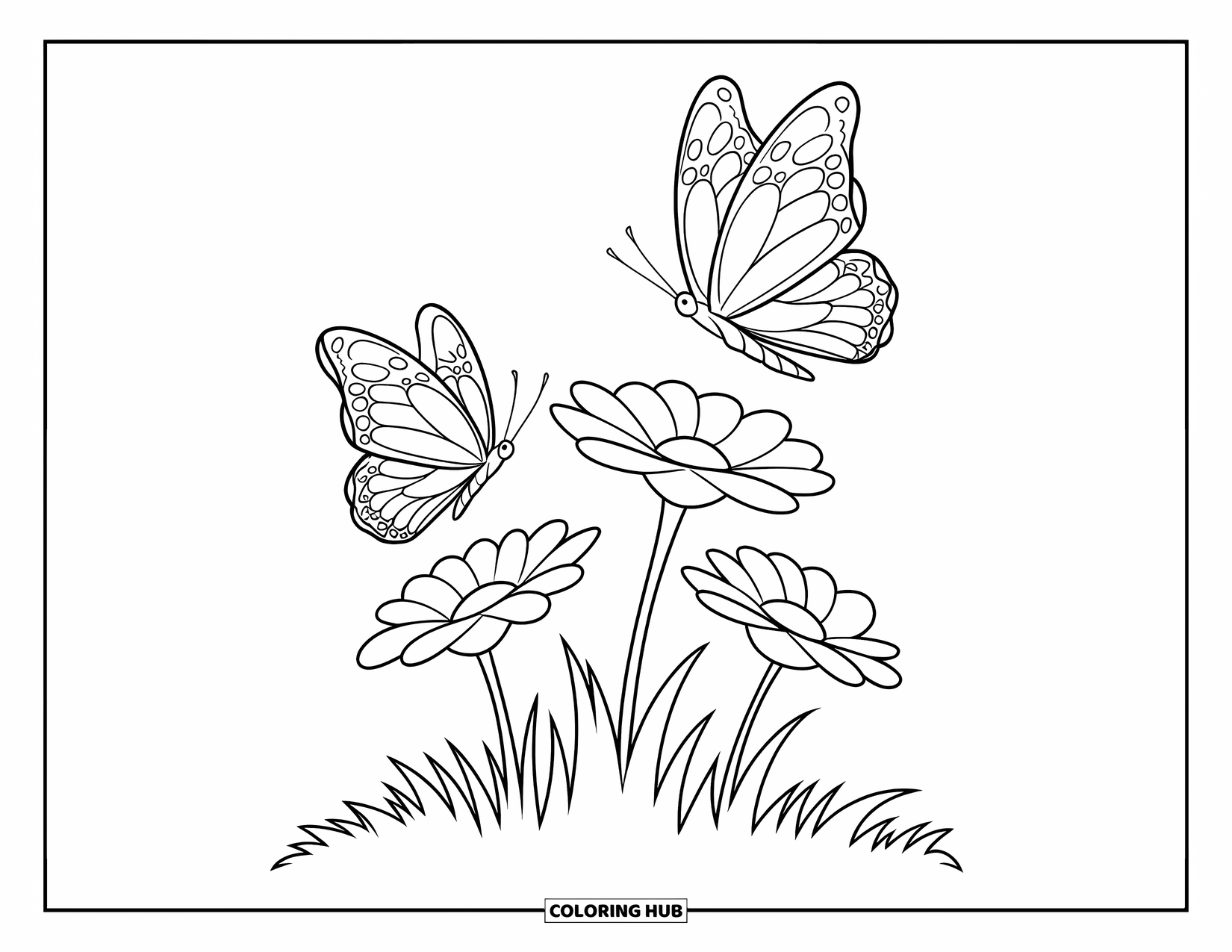 Flower Butterfly Coloring Page for Kids: Two butterflies hover above bright, blooming flowers in the grass