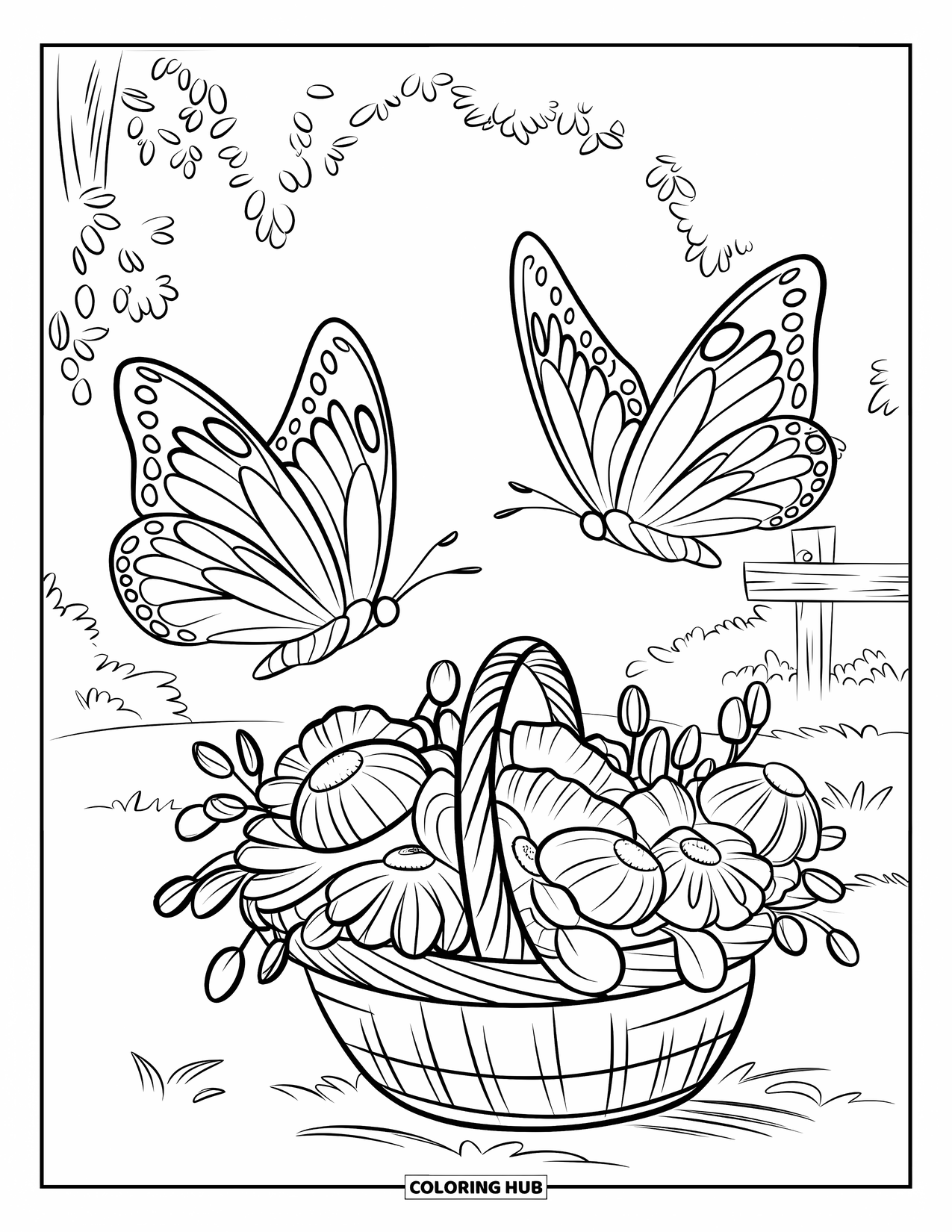 Flower Butterfly Coloring Page for Kids: Two butterflies hover near a rustic basket of flowers by a wooden fence