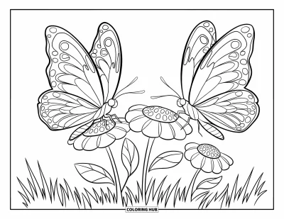 Desenho de flores e borboletas para colorir para crianÃ§as: Duas borboletas pousam em flores em um cantinho gramado e alegre