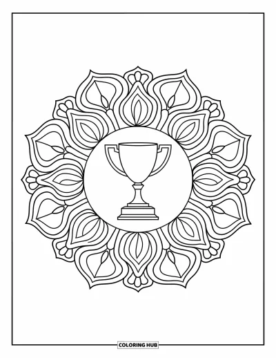 Coloriage de football américain pour adultes : Un trophée au style marqué entouré de pétales de mandala floral détaillés