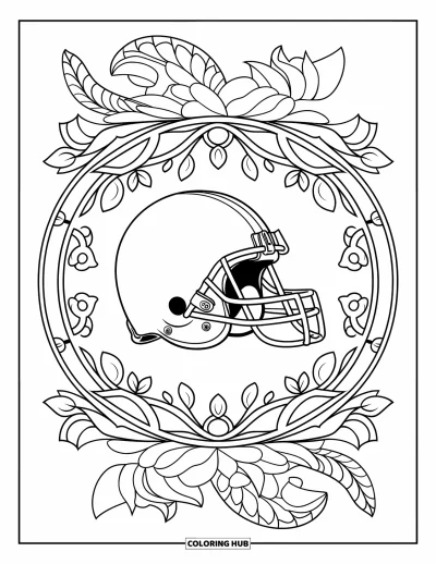 Coloriage de football américain pour adultes : Un casque classique dans un mandala de lianes fleuries et de pétales